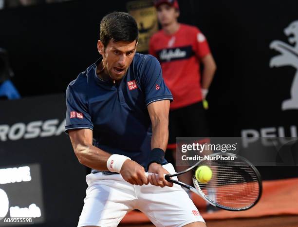 Novak Djokovic in action during his match against Dominic Thiem - Internazionali BNL d'Italia 2017 on May 20, 2017 in Rome, Italy.