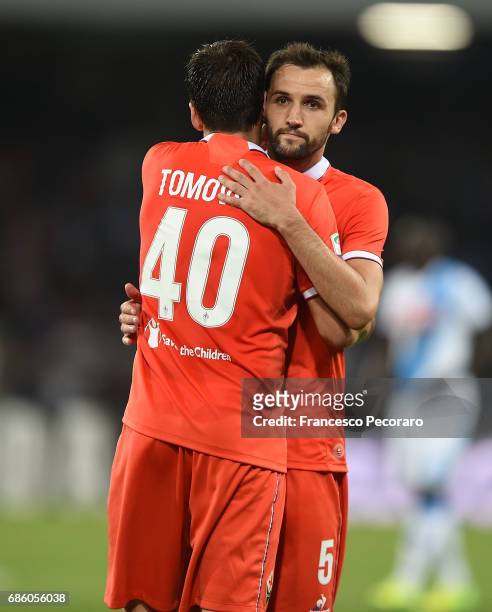 Nenad Tomovic and Milan Badelj players of ACF Fiorentina show their disappointment after the Serie A match between SSC Napoli and ACF Fiorentina at...