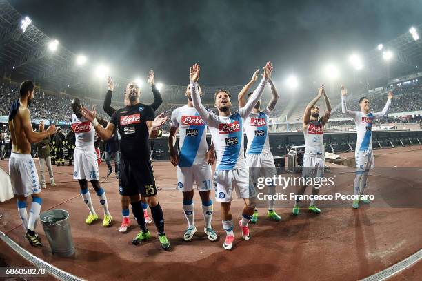 Players of SSC Napoli celebrate the victory with their supporters after the Serie A match between SSC Napoli and ACF Fiorentina at Stadio San Paolo...