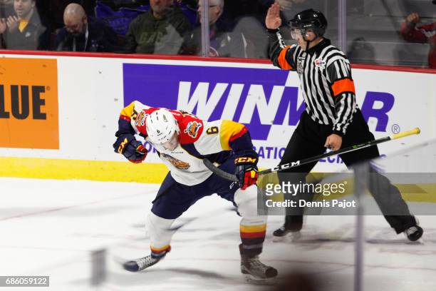 Forward Jordan Sambrook of the Erie Otters celebrates his second period goal against the Seattle Thunderbirds on May 20, 2017 during Game 2 of the...