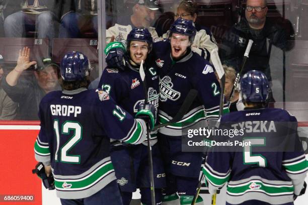 Defenceman Austin Strand of the Seattle Thunderbirds celebrates his second period goal against the Erie Otters on May 20, 2017 during Game 2 of the...