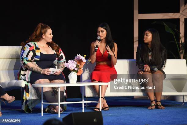 Model Tess Holliday, Actress Julia Kelly, and Influencer Destiny Jones speak onstage during Beautycon Festival NYC 2017 on at Brooklyn Cruise...