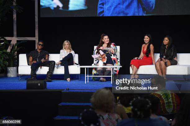 Actor Bryshere Gray, Influencer Evelina, Model Tess Holliday, Actress Julia Kelly, and Influencer Destiny Jones speak onstage during Beautycon...