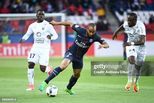 Jean Victor Makengo of Caen, Lucas Moura of PSG and Ismael Tiemoko Diomande of Caen during the Ligue 1 match between Paris Saint-Germain and SM Caen...