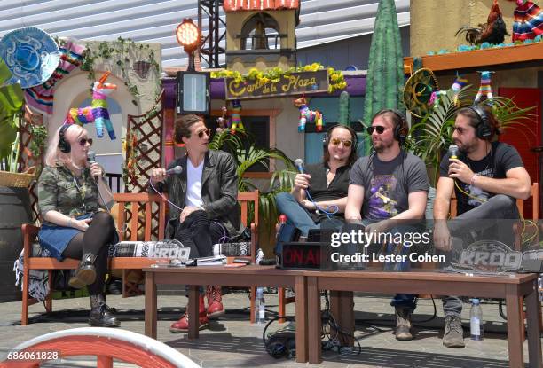 Radio personality Kat Corbett, musicians David Shaw, George Gekas, Ed Williams and Zack Feinberg of The Revivalists speak at KROQ Weenie Roast y...