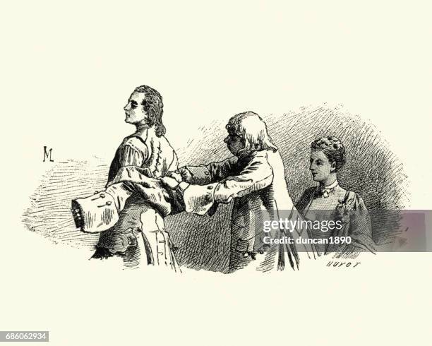 manon lescaut - servant helping a man put on his jacket - putting on jacket stock illustrations