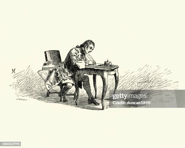 manon lescaut - man sat at desk writing a letter - man writing a letter stock illustrations