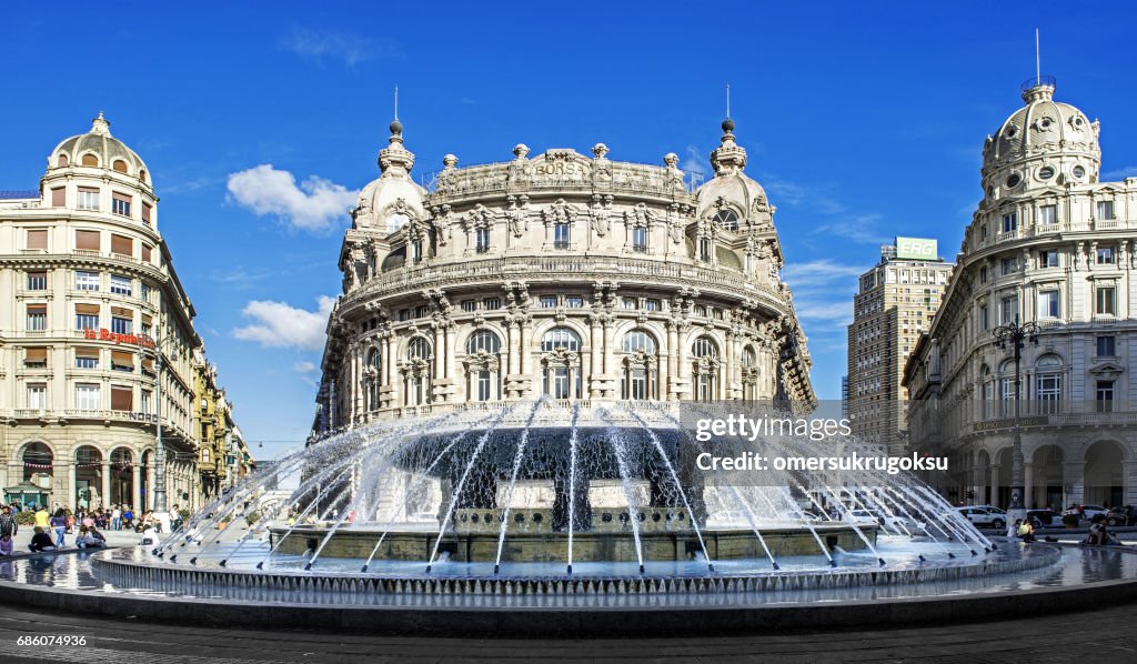 'Palazzo della Borsa' great fountain at central place in Genoa