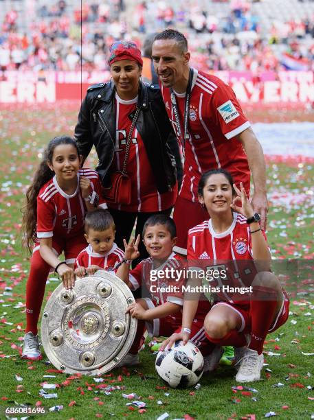 Franck Ribery of FC Bayern Muenchen celebrates with his wife Wahiba Ribery and children Salif Ribery, Mohammed Ribery, Hizya Ribery, Shakinez Ribery...