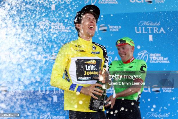 George Bennett of New Zealand and LottoNL-Jumbo celebrates with champagne after winning the 2017 AMGEN Tour of California on May 20, 2017 in...