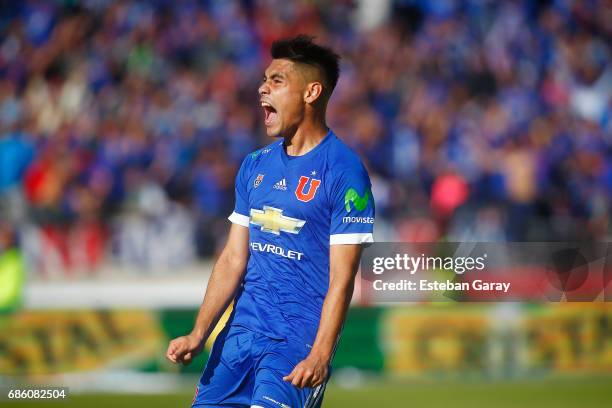 Felipe Mora of Universidad de Chile celebrates after scoring the opening goal during a match between Universidad de Chile and San Luis de Quillota as...