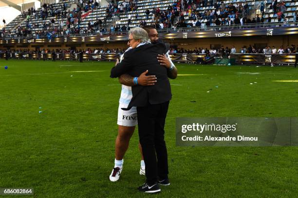 Jacky Lorenzetti Chairman and Ben Tameifuna of Racing celebrates the Victory during the Top 14 match between Montpellier Rugby and Racing 92 on May...