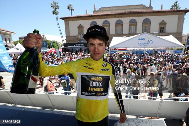 George Bennett of New Zealand riding for Team Lotto NL-Jumbo in the AMGEN Race Leader Jersey celebrates after winning the 2017 AMGEN Tour of...