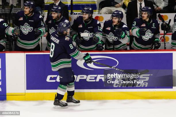 Forward Scott Eansor of the Seattle Thunderbirds celebrates his second period goal against the Erie Otters on May 20, 2017 during Game 2 of the...
