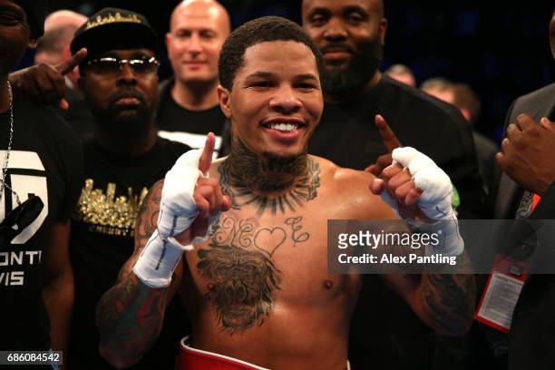 Gervonta Davis of The United States celebrates following his fight with Liam Walsh of England in the IBF World Junior Lightweight Championship match...