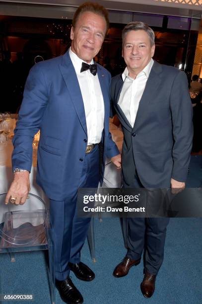 Arnold Schwarzenegger and Ted Sarandos attend the Vanity Fair and HBO Dinner celebrating the Cannes Film Festival at Hotel du Cap-Eden-Roc on May 20,...