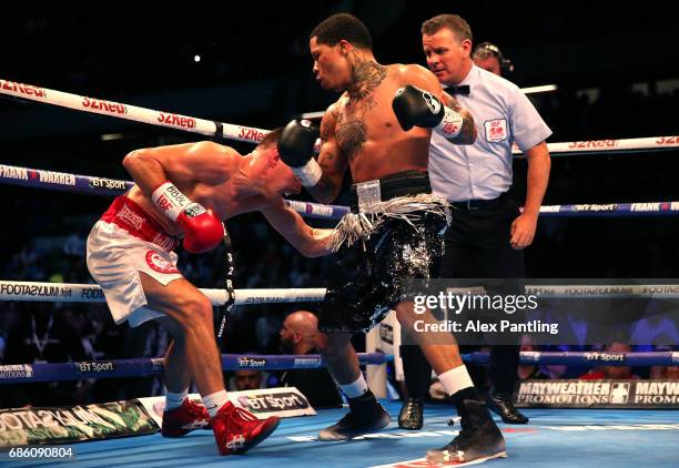 Gervonta Davis of The United States knocks down Liam Walsh of England leading to victory in the IBF World Junior Lightweight Championship match at...