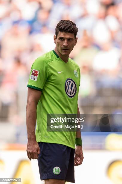 Mario Gomez of Wolfsburg looks on during the Bundesliga match between Hamburger SV and VfL Wolfsburg at Volksparkstadion on May 20, 2017 in Hamburg,...