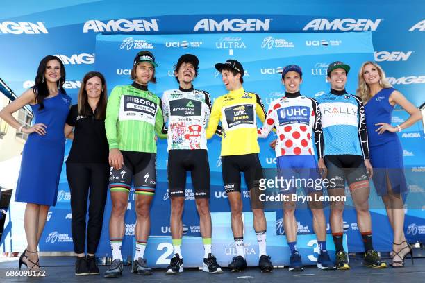 From left, Kristen Klein SVP & Executive Director, Amgen Tour of California, Peter Sagan of Slovakia riding for Bora-Hansgrohe in the Visit...