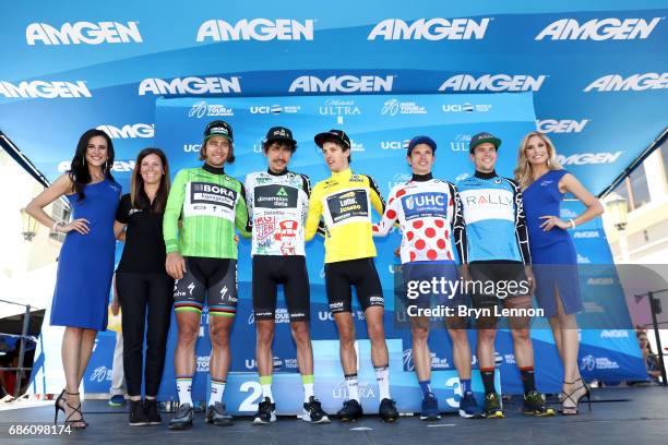 From left, Kristen Klein SVP & Executive Director, Amgen Tour of California, Peter Sagan of Slovakia riding for Bora-Hansgrohe in the Visit...