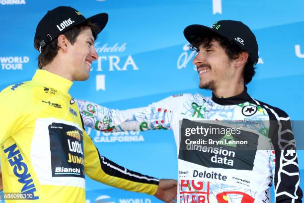 George Bennett of New Zealand riding for Team Lotto NL-Jumbo in the AMGEN Race Leader jersey and Lachlan Morton of Australia riding for Team...