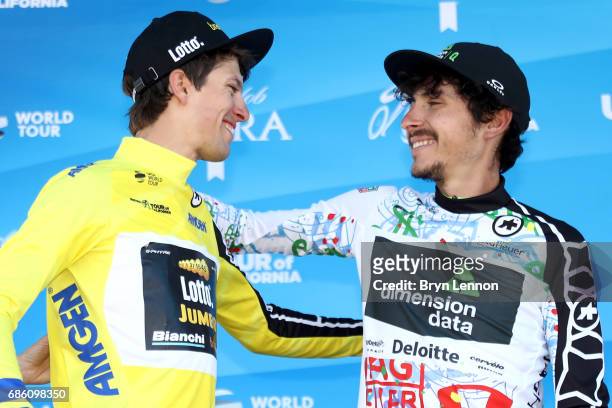 George Bennett of New Zealand riding for Team Lotto NL-Jumbo in the AMGEN Race Leader jersey and Lachlan Morton of Australia riding for Team...