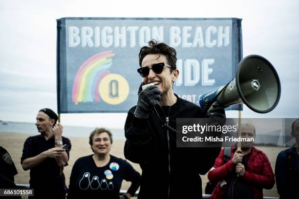 Masha Gessen, a Russian-AMerican writer and activist, speaks to participants of the Russian-speaking LGBT Pride March on Brighton Beach boardwalk on...