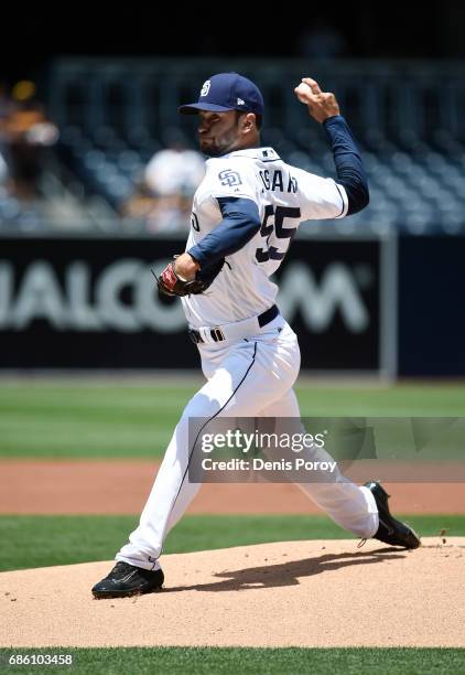 Jarred Cosart of the San Diego Padres pitches during the first inning of a baseball game against the Milwaukee Brewers at PETCO Park on May 18, 2017...