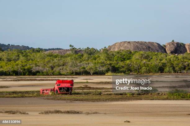 abandoned red car in a swamp, bowling green bay, australia - green car crash imagens e fotografias de stock