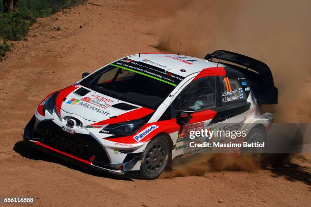 Juho Hanninen of Finland and Kaj Lindstrom of Finland compete in their Toyota Gazoo Racing WRT Toyota Yaris WRC during Day Two of the WRC Portugal on...