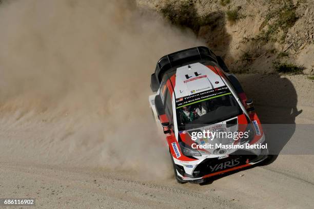 Juho Hanninen of Finland and Kaj Lindstrom of Finland compete in their Toyota Gazoo Racing WRT Toyota Yaris WRC during Day Two of the WRC Portugal on...