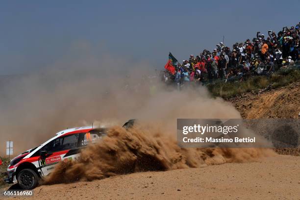 Juho Hanninen of Finland and Kaj Lindstrom of Finland compete in their Toyota Gazoo Racing WRT Toyota Yaris WRC during Day Two of the WRC Portugal on...