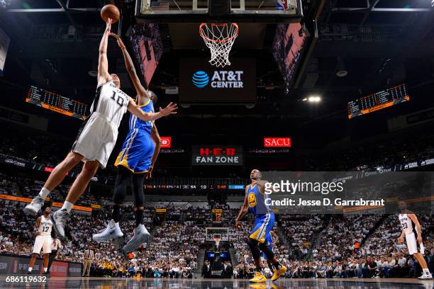 David Lee of the San Antonio Spurs shoots a lay up during the game against the Golden State Warriors during Game Three of the Western Conference...