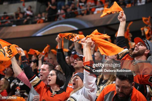 Anaheim Ducks fans show their support during the game between the Anaheim Ducks and the Nashville Predators in Game Five of the Western Conference...