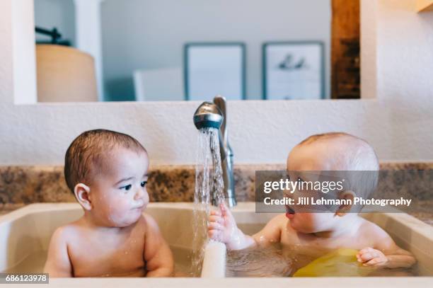 8 month fraternal twin boys bathe in a sink - funny baby photo - fotografias e filmes do acervo