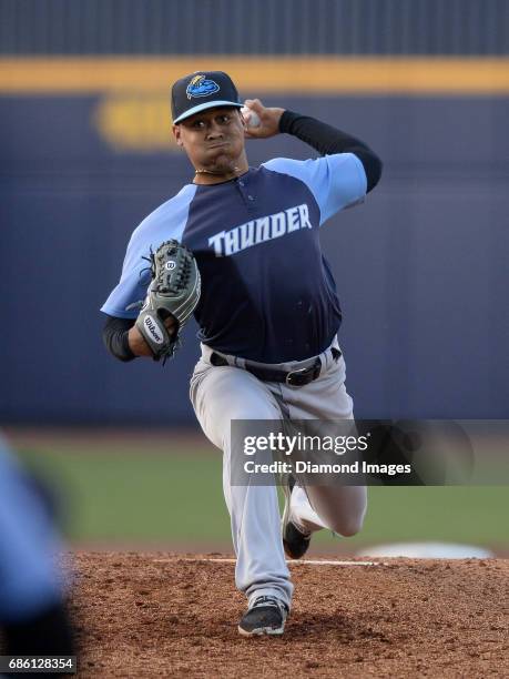 Pitcher Justus Sheffield of the Trenton Thunder throws a pitch during a game on April 12, 2017 against the Akron Rubber Ducks at Canal Park in Akron,...