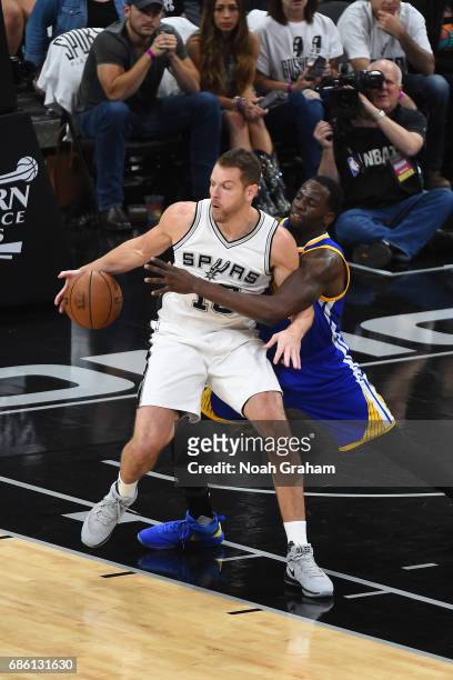 David Lee of the San Antonio Spurs handles the ball against the Golden State Warriors in Game Three of the Western Conference Finals of the 2017 NBA...
