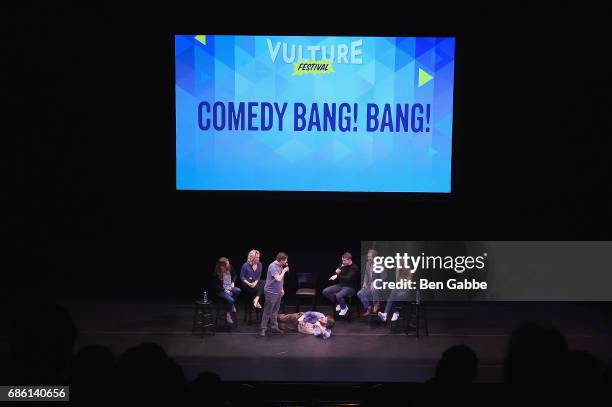 Lennon Parham, Jessica St. Clair, Anthony Atamanuik, John Gemberling, Scott Aukerman, Paul F. Tompkins and Lauren Lapkus perform on stage at the...