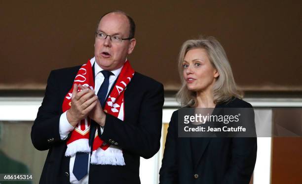 Prince Albert II of Monaco, President of LFP Nathalie Boy de la Tour attend the French Ligue 1 match between AS Monaco and AS Saint-Etienne at Stade...