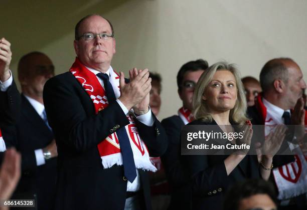 Prince Albert II of Monaco, President of LFP Nathalie Boy de la Tour attend the French Ligue 1 match between AS Monaco and AS Saint-Etienne at Stade...