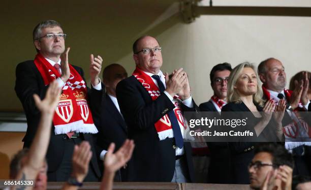 President of AS Monaco Dmitri Rybolovlev, Prince Albert II of Monaco, President of LFP Nathalie Boy de la Tour attend the French Ligue 1 match...