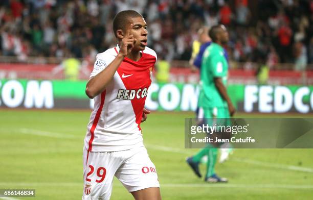 Kylian Mbappe of Monaco celebrates scoring a goal during the French Ligue 1 match between AS Monaco and AS Saint-Etienne at Stade Louis II on May 17,...