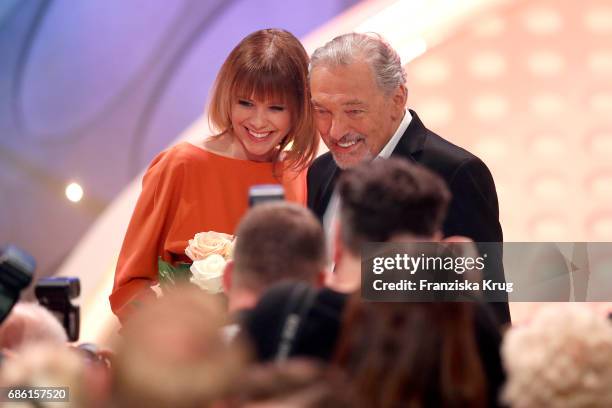 Francine Jordi and Karel Gott during the tv show 'Willkommen bei Carmen Nebel' at Velodrom on May 20, 2017 in Berlin, Germany.