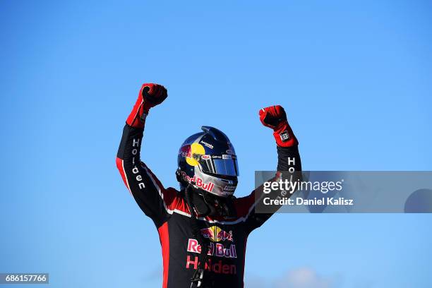 Shane Van Gisbergen driver of the Red Bull Holden Racing Team Holden Commodore VF celebrates after winning race 10 for the Winton SuperSprint, which...