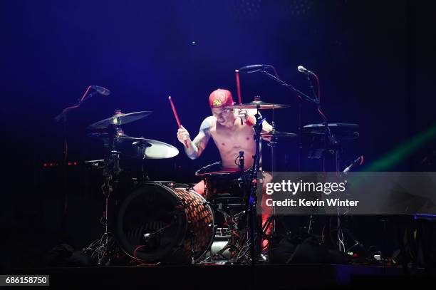 Josh Dun of Twenty One Pilots performs at the Hangout Stage during 2017 Hangout Music Festival on May 20, 2017 in Gulf Shores, Alabama.