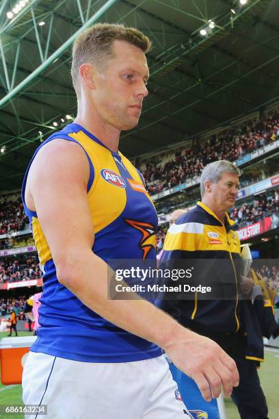 Sam Mitchell of the Eagles looks dejected after defeat during the round nine AFL match between the Essendon Bombers and the West Coast Eagles at...