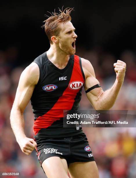 James Stewart of the Bombers celebrates a goal during the 2017 AFL round 09 match between the Essendon Bombers and the West Coast Eagles at Etihad...