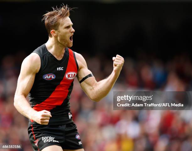 James Stewart of the Bombers celebrates a goal during the 2017 AFL round 09 match between the Essendon Bombers and the West Coast Eagles at Etihad...