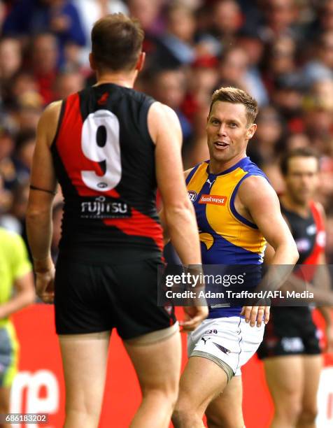 Sam Mitchell of the Eagles argues with Brendon Goddard of the Bombers during the 2017 AFL round 09 match between the Essendon Bombers and the West...