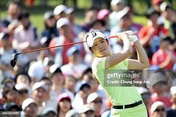 Ayaka Watanabe of Japan plays a tee shot on the 1st hole during the final round of the Chukyo Television Bridgestone Ladies Open at the Chukyo Golf...